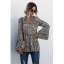 Stylish Ladies Leopard Print Bell Long Sleeve V-neck Ruffled Relaxed Fit Tee Top in Apricot