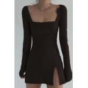 Womens Fashion Plain Long Sleeve Square Neck Knit Slit Front Mini A-line Dress