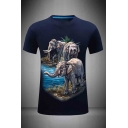 3D Casual Mens Elephant Plant Pattern Slim Fitted Short Sleeve Crew Neck Tee Top