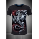 Mens 3D Creative Dragon Rose Pattern Slim Fitted Round Neck Short Sleeve T-Shirt