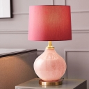 Retro Stylish Onion Nightstand Light Single Pink Glass Standing Table Lighting with Red Drum Fabric Shade