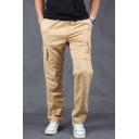 Simple Mens Pants Solid Color Zip Fly Button Detail Pockets Full Length Straight Fit Chino Pants