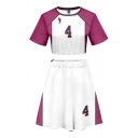 Unique Number Graphic Contrasted Short Sleeve Crew Neck Regular Fit Crop Tee & Short Pleated A-line Skirt Set in Purple