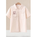 Popular Girls Bear Embroidered Contrast Stitch Short Sleevev Turn down Collar Button up Flap Pockets Relaxed Fit Shirt Top in Beige
