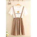 Girls False Two Piece Bell Sleeve Round Neck Stringy Print Short Pleated T Shirt