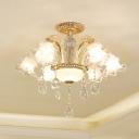 6-Bulb Ceiling Mount Chandelier Traditional Flower Clear Glass Semi Flush Mount with Cut K9 Crystal in Gold