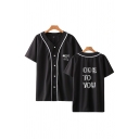 Cool Letter Ode to You Printed Patchwork Button down Short Sleeve V-Neck Relaxed Fit T-Shirt for Men