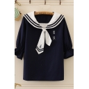 Simple Womens Chinese Letter Note Embroidered Sailor Collar Flare Short Regular Fit Shirt