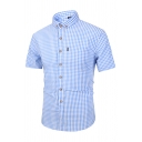 Classic Mens Checked Pattern Button up Short Sleeve Button-down Collar Regular Fitted Shirt with Pocket