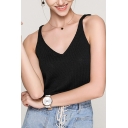 Chic Girls Solid Color V-neck Knitted Cami Top in Black