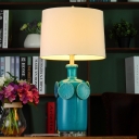 Country Bottle Shape Night Table Light Single Metallic Nightstand Lamp in Blue with Drum Fabric Shade