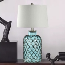 1 Head Bottle Night Table Lamp Traditional Blue Glass Nightstand Light with White Fabric Shade and Net Deco