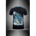 Cool Mens 3D Dragon Wolf Moon Pattern Short Sleeve Round Neck Regular Fitted Tee Top