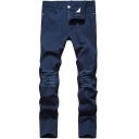 Chic Mens Solid Color Ripped Pocket Zipper Mid Rise Full Length Slim Fitted Jeans in Navy