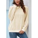 Simple Sherpa Solid Color Long Sleeve Crew Neck Loose Fit Pullover Sweatshirt for Women