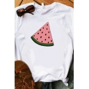 White Chic Pineapple Watermelon Strawberry Pattern Rolled Short Sleeve Crew Neck Slim Fit T Shirt