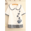 Fancy Ladies Poker Checketed Printed Stringy Selvedge Short Sleeve Peter Pan Collar Button down Relaxed Fit Shirt in White