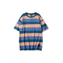 Mens Retro Color Block Striped Printed Round Neck Short Sleeve Relaxed Fit Tee Top
