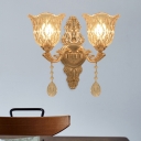 Gold Flower Shade Wall Lamp Fixture Mid Century Clear Glass 1/2 Light Bedroom Wall Lighting Idea