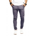 Popular Mens Solid Color Flap Pocket Drawstring Cuffed Mid Rise 7/8 Length Slim Fitted Jogger Pants
