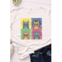Simple Cartoon Cat Print Short Sleeve Crew Neck Slim Fitted Tee Top for Girls