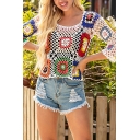 Trendy Womens Hollow out Floral Embroidered 3/4 Sleeve Round Neck Relaxed Crop T Shirt in White