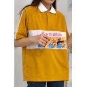 Fashion Girls Letter MU See The Dnhelie Cartoon Graphic Tape Panel Short Sleeve Contrasted Polo Collar Loose Fit Tee Top