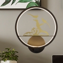 Bird and Withered Tree Mural Light Asia Metallic Black Hoop LED Sconce Lighting for Bedside