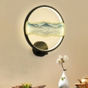 Metal Hoop Sconce Lighting Asian LED Mountain Wall Mural Lamp Fixture in Black for Bedside, White/Warm Light