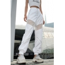 Stylish Womens White Zipper Decoration Sheer Mesh Panel Ankle Cuffed Tapered Fit Trousers in White
