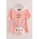 Kawaii Girls Cartoon Rabbit Graphic Contrasted Short Sleeve Ears Hooded Relaxed T Shirt in Pink