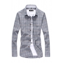 Popular Mens Plaid Printed Long Sleeve Spread Collar Button up Curved Hem Slim Fit Shirt Top