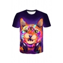 Fashionable Cat 3D Printed Crew Neck Short Sleeve Regular Fit Tee Top for Men