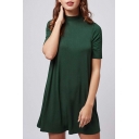 Womens Popular Solid Color Short Sleeve Mock Neck Short Swing T Shirt Dress