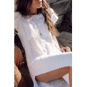 Stylish Womens Hollow-knitted Scalloped Short Sleeve Round Neck Button down Slit Sides Mid Shift Dress in White