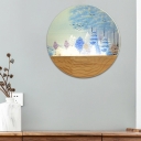 Art Decor LED Sconce Lighting Wood Winter Pine Tree/Elk Painting Round Wall Mural Light with Acrylic Shade