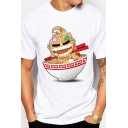 Basic Mens White Tee Top Noodle Chopsticks Printed Short Sleeve Regular Fitted Crew Neck Tee Top