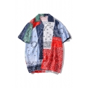 Retro Mens Red and Blue Colorblock Paisley Pattern Notch Collar Button-down Short Sleeve Relaxed Fit Shirt