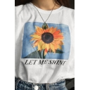 Popular Womens Letter Let Me Shine Sunflower Printed Short Sleeve Crew Neck Loose Graphic T Shirt