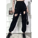 Letter Satan Printed Drawstring Waist Ripped Ankle Cuffed Baggy Athleta Trousers in Black