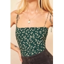 Chic Womens Ditsy Floral Print Bow Tied Shoulder Slim Fit Cami Top in Green