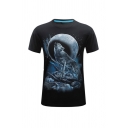 Creative Mens 3D Wolf Moon Pattern Round Neck Short Sleeve Fitted T-Shirt