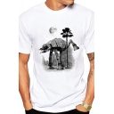 Stylish Mens White Cartoon Printed Short Sleeve Crew Neck Relaxed Fit T-shirt