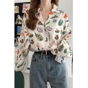 Unique Womens Allover Cartoon Mushroom Leaf Print Long Sleeve Notched Collar Button down Loose Shirt in White