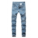 Popular Stacked Light Wash Pocket Zipper Mid Rise Full Length Slim Fitted Jeans for Men