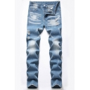 Chic Paint Splatter Light Wash Ripped Pocket Zipper Mid Rise Full Length Slim Fitted Jeans for Men