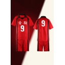 Popular Number Japanese Letter Print Tape Short Sleeve Spread Collar Relaxed Tee & Straight Shorts Co-ords in Red