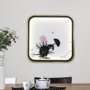 Square/Rectangle Wall Sconce Light Chinese Metallic Black and Gold LED Mural Lamp with Lotus Pattern