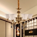 6 Heads Square Bell Up Chandelier Postmodern Brass Cream Glass Hanging Light Fixture