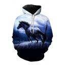 Stylish Mens 3D Horse Printed Pocket Drawstring Long Sleeve Regular Fit Hooded Sweatshirt
